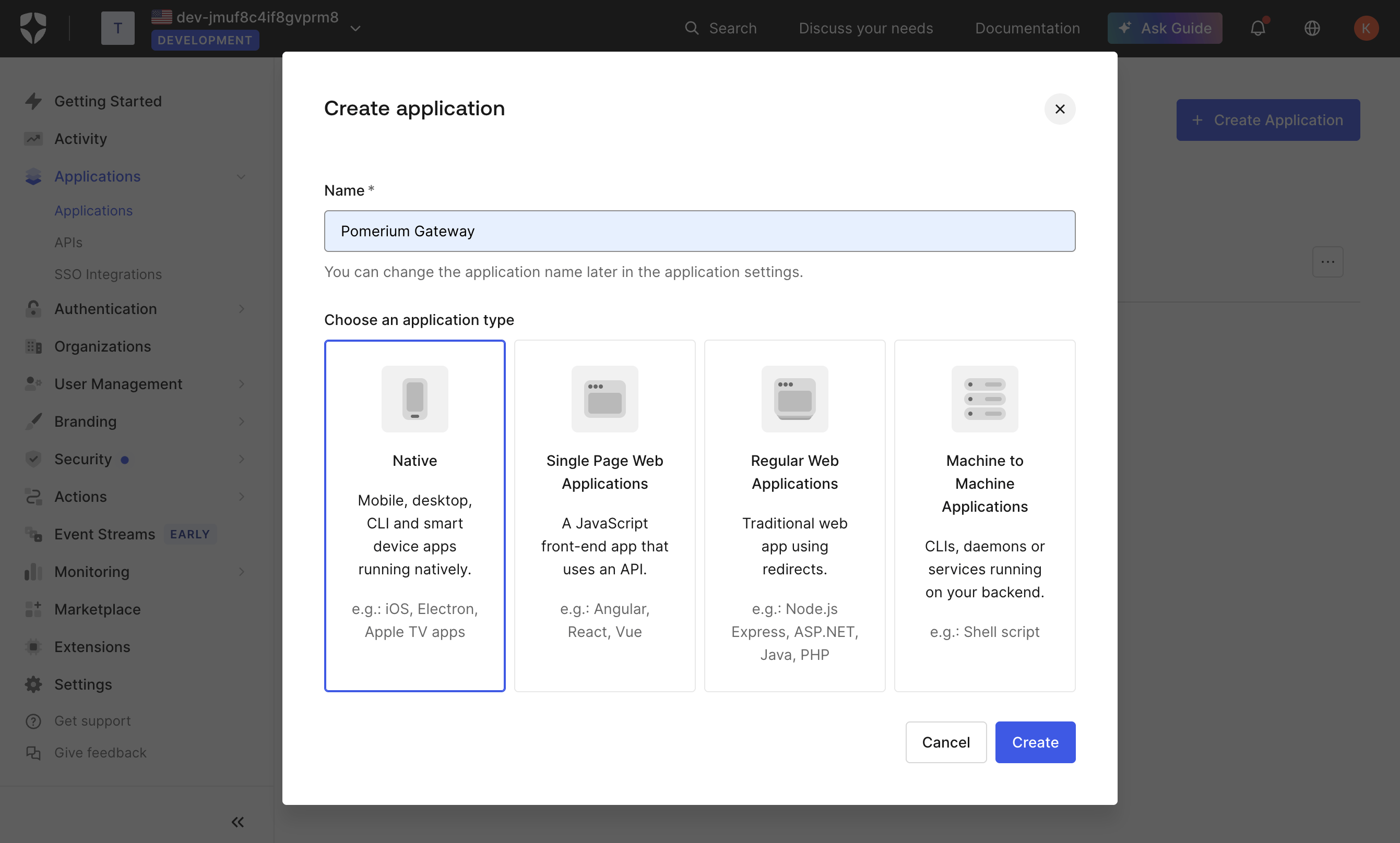 Auth0 Create Application Select Platform